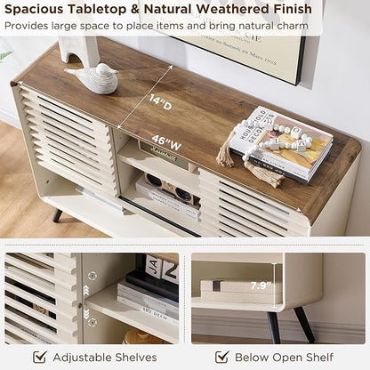 RedLemon 46" Entryway Table, Mid Century Modern Console Table with Slatted Sliding Door, Storage Shelf Wood Sofa Table Behind Couch for Hallway, Living Room, Foyer, Antique White