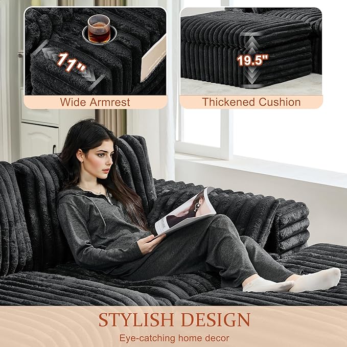 114" Cloud Boneless Sectional Couches for Living Room, Modular Sectional Sofa with Cup Holder, Cozy Fluffy L Shaped Deep Seat Couch with Storage Pocket, No Assembly Required, Dark Black