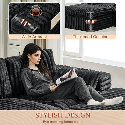 114" Cloud Boneless Sectional Couches for Living Room, Modular Sectional Sofa with Cup Holder, Cozy Fluffy L Shaped Deep Seat Couch with Storage Pocket, No Assembly Required, Dark Black