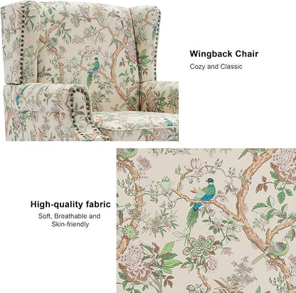 Accent Chair, Upholstered High Back Floral Armchair with Nailhead Trim & Wood Legs, Comfy Wingback Reading Single Sofa Chair