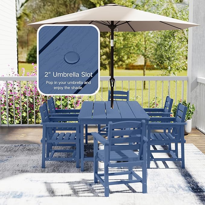 7 Piece Patio Dining Set with 11ft Patio Umbrella (Red), 7 Navy Outdoor HDPE Dining Set with 6 Chairs + 1 Large Table with 2" Umbrella Hole, for Market, Pool, Garden, Backyard, Deck