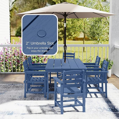 7 Piece Patio Dining Set with 11ft Patio Umbrella (Cream-White), 7 Navy Outdoor HDPE Dining Set with 6 Chairs + 1 Large Table, for Market, Pool, Garden, Backyard, Deck