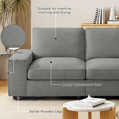 TEKAMON 100" Modular Sofa with Seats Storage, Comfy 3-Seater Chenille Fabric Couch for Living Room, Office, Apart W/Deep Seat, USB Charging, Upholstered Couch with Removable Cover(Light Grey)