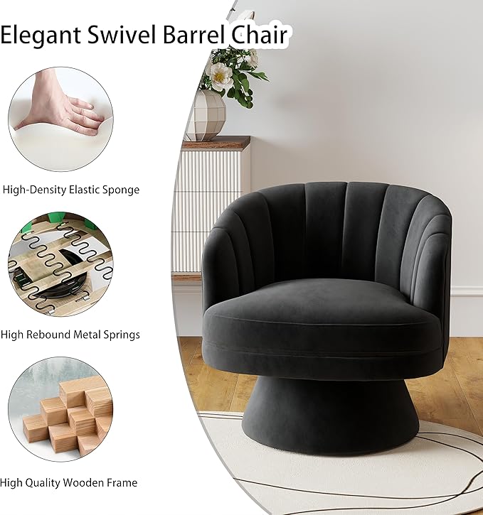 Swivel Accent Chair Set of 2,Upholstered Velvet 360° Swivel Barrel Chair for Living Room Overstuffed Bouncle Reading Chair Round Armchair for Bedroom,Vanity,Office (Black)