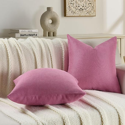 FUTEI Hot Pink Chenille Throw Pillow Covers 12x20 Inch Set of 2,Soft Wide Chevron Textured Lumbar Pillow Cases,Farmhouse Home Decor for Couch Bed Living Room