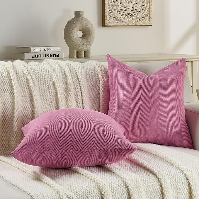 FUTEI Hot Pink Chenille Throw Pillow Covers 26x26 Inch Set of 2,Soft Wide Chevron Textured Euro Pillow Shams,Farmhouse Home Decor for Couch Bed Living Room
