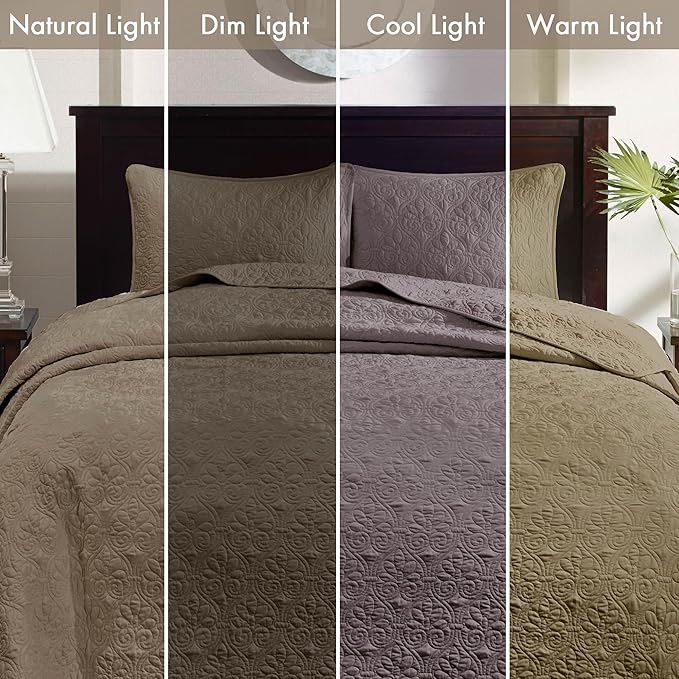 Madison Park Quebec Reversible Quilt Set Damask Design, Double Sided Stitching All Season, Lightweight Bedspread Bedding Set, Matching Sham, Khaki, Queen(102"x118") 3 Piece