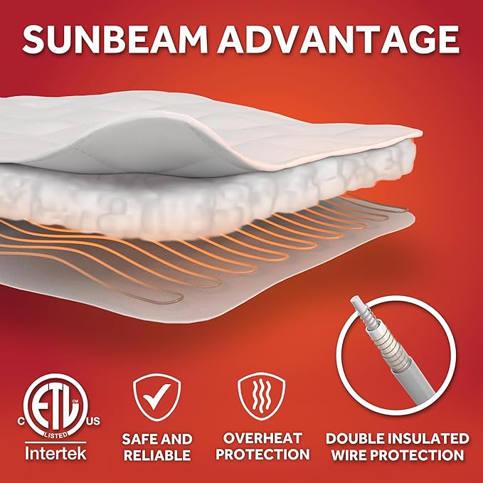 Sunbeam Electric Heated Mattress Pad Soft Cozy Fabric Fast Heating 12 Heat Settings 12-Hour Auto Shut-Off Deep Pocket Skirt Machine Washable Full 75" x 54"