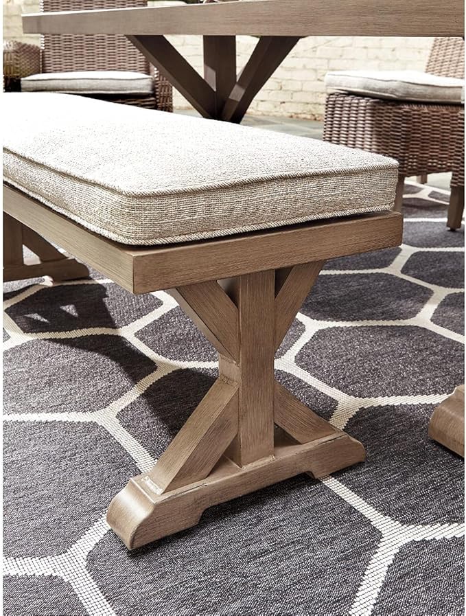Signature Design by Ashley Beachcroft Outdoor Bench with All-Weather Cushion, Cleanable Performance Fabric, Rust-Resistant Aluminum Frame, 20.38" High, Beige
