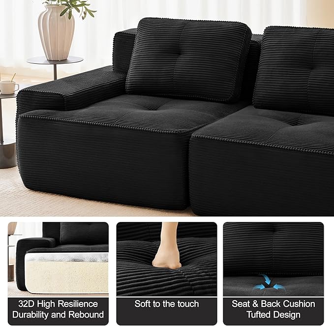 150.4” Black Boneless Couches for Living Room, Modular Sectional Sofa with U-Shape Chaise, 4 Seater Comfy Upholstered Deep Seat Corduroy Fabric Cloud Couch No Assembly, Anti-Slip Design