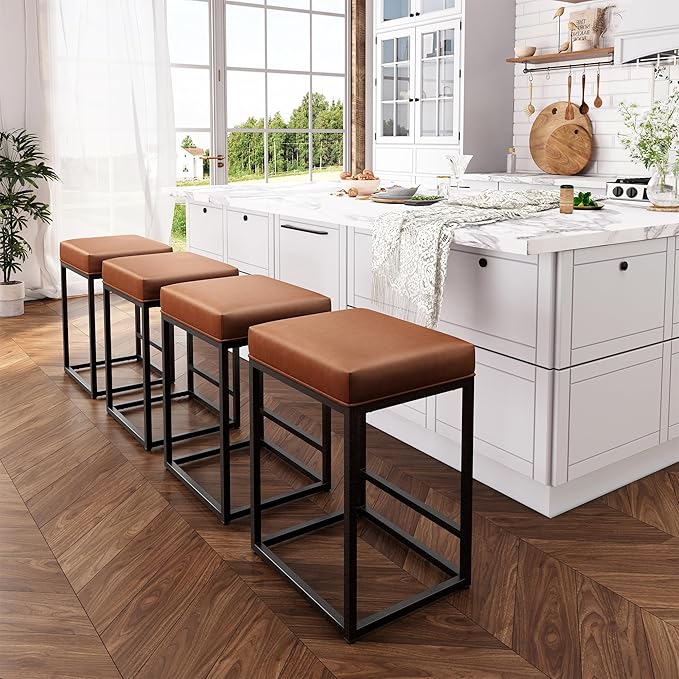 ALPHA HOME 24 Inch Counter Height Bar Stools, Upholstered Bar Stools for Kitchen Island, Counter Stools with Faux Leather Cushion and Sturdy Metal Frame, Modern Barstools, Caramel