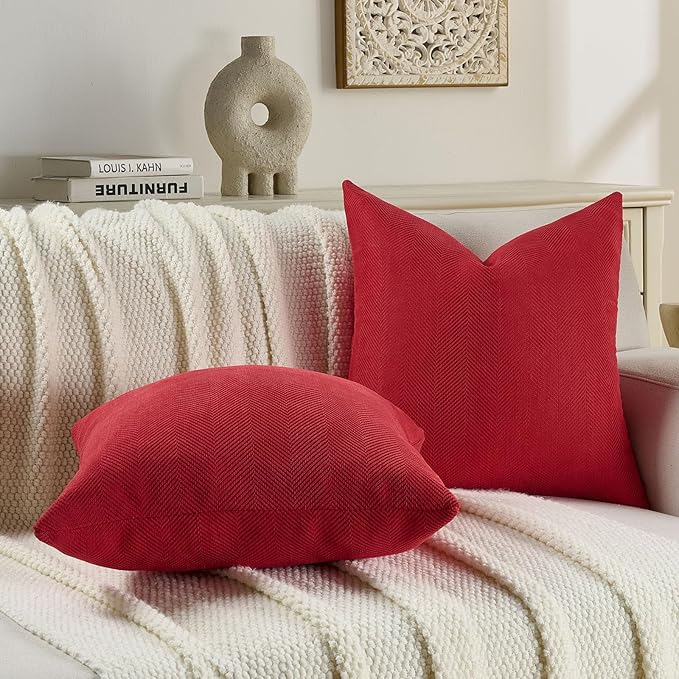 FUTEI Christmas Red Chenille Throw Pillow Covers 20x20 Inch Set of 2,Soft Wide Chevron Textured Cushion Case,Farmhouse Home Decor for Couch Bed Living Room