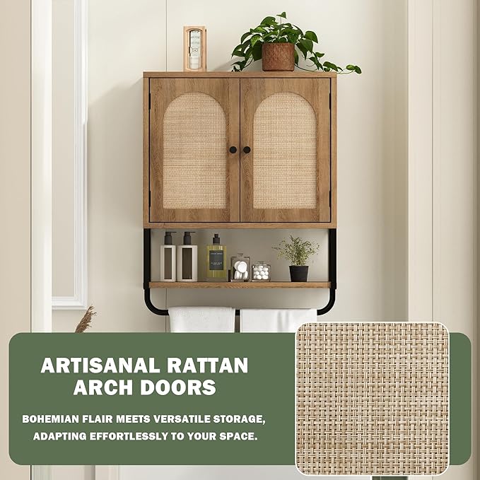 RUSTOWN Rattan Bathroom Wall Cabinet, Boho Over The Toilet Storage Cabinet with Arched Rattan Doors, Modern Medicine Cabinet with Adjustable Shelves & Towel Bar, Bathroom Organizer(Rustic Oak, Medium)