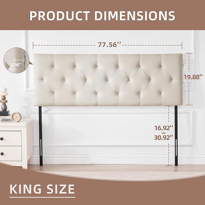 Linen Upholstered Headboard King Size, Modern Diamond Tufting Solid Wood California King Headboard Only, Adjustable Height from 37” to 51” Head Board, Bed Frame or Wall Mount Headboards, Beige