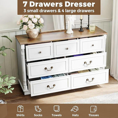 Farmhouse 7 Drawer Dresser for Bedroom, 52" Wide Rustic Chest of Drawers with Retro Handle, White Dresser with Natural Texture, Wood Vintage TV Stand for Living Room, Hallway, Antique White