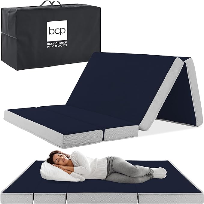 Best Choice Products 4in Portable Twin-Size Mattress, Tri-Fold Mattress for Camping, Guest, Toddler, Foam Plush w/Carry Case - Midnight Blue