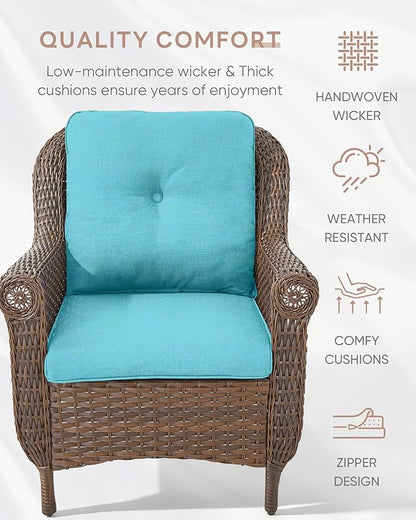 3 Piece Patio Brown Wicker Chairs with Side Table - Outdoor High Back Heavy Duty All-Weather Lawn Dining Rattan Chair Conversation Bistro Set for Deck Porch Balcony Backyard Garden - Turqoise