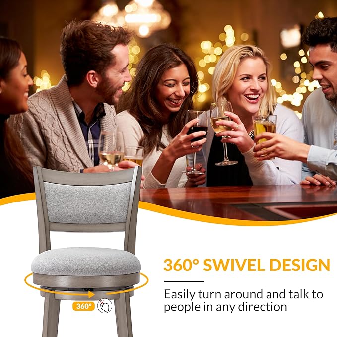 PrimeZone Swivel Bar Stools Set of 2, 30 Inch Bar Height Barstools, High Back Bar Stool with Solid Wood Legs & Wrap-Around Footrest, Counter Stools for Kitchen Island, Pub, Grey