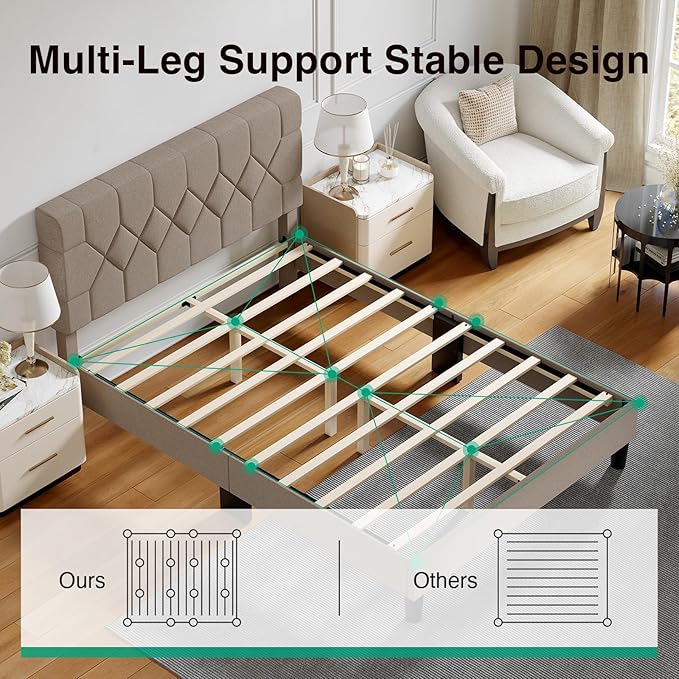 Novilla Queen Bed Frame with Headboard, Bed Frame Queen Size with Wood Slats Support, Linen Upholstered Pull-Point Headboard, No Box Spring Needed, Heavy Duty Feet, Easy Assembly, Beige