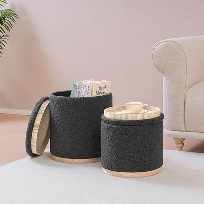 PINPLUS Round Ottoman with Storage Set of 2, Storage Ottoman with Tray, Teddy Velvet Ottoman Storage Modern Multifunctional Foot Rest Stool for Bedroom, Living Room, Dorm (Dark Grey)
