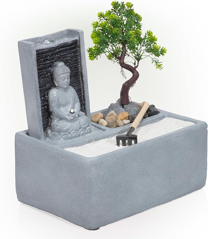 Alpine Corporation DIG278 13" Indoor/Outdoor Tabletop Fountain with LED Lights, Buddha Bonsai Garden Water Feature for Home, Patio & Desk Décor, Gray