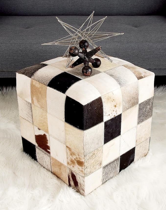 Deco 79 Leather Handmade Stool with Patchwork Pattern, 16" x 16" x 16", Multi Colored