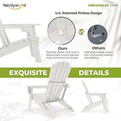 nevilywood Folding Adirondack Chair, Ergonomic Extended Backrest, HDPE All-Weather, 380lbs Capacity, Maintenance-Free, Cup Holder, （White）- Outdoor Patio & Firepit Chair