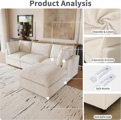 Cloud Couch Modular Sectional Sofa,134" L Shaped Couch, Oversized Convertible Wide Seater,4 Seater with Ottoman for Living Room Set, Covers Washable&Replaceable,Beige