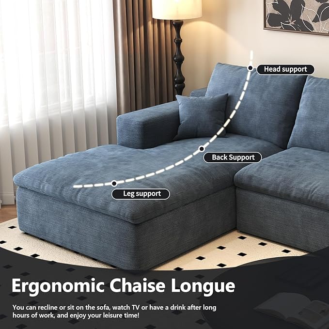 107'' U-Shaped Modern Modular Sectional Cloud Couch Whit Ottoman, 4-Seat Chenille Deep-Seat Sofa with Pillow for Living Room, Bedroom, Apartment, Ocean Blue