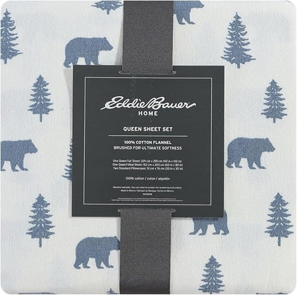 Eddie Bauer - Queen Sheets, Cotton Flannel Bedding Set, Brushed For Extra Softness, Cozy Home Decor (Bears & Trees, Queen)