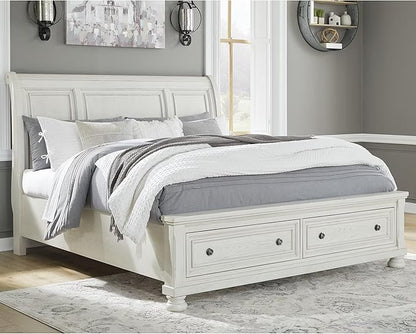 Signature Design by Ashley Robbinsdale Casual California King Sleigh Platform Bed with 2 Drawers, Foundation or Box Spring Not Needed, White
