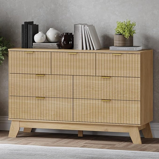 Fluted 7 Drawer Dresser, 47.2" Wide Modern Boho Chest of Drawers, Wooden Storage Dresser TV Stand for Bedroom, Living Room, Closet, Hallway, Curved Profile Design