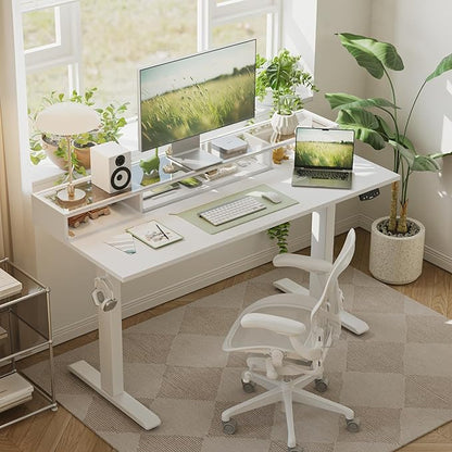 Agilestic Glass Standing Desk with Storage, 48 Inch Electric Adjustable Desk with Glass Shelf, Sit Stand Up Home Office Computer Table, Splice Board, White