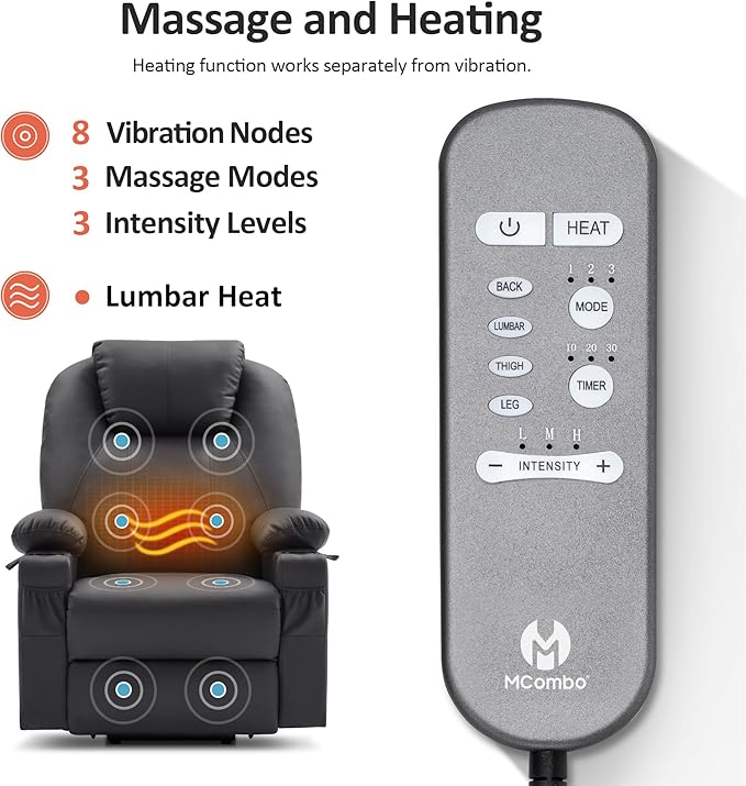 MCombo Dual Motor Large Power Lift Recliner Chair for Elderly, Lay Flat Lift Chair with Heat and Massage, Big Lift Recliner for Tall People, Faux Leather 7815 (Black, Large)