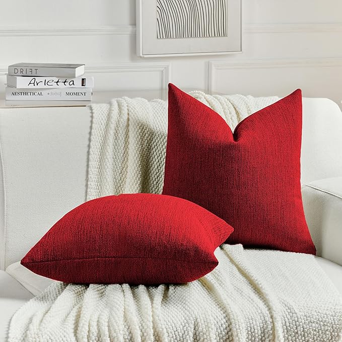 FUTEI Christmas Red Chenille Decorative Throw Pillow Covers 26x26 Inch Set of 2,Soft Cozy Faux Linen Textured Euro Pillow Shams,Farmhouse Home Decor for Couch Living Room