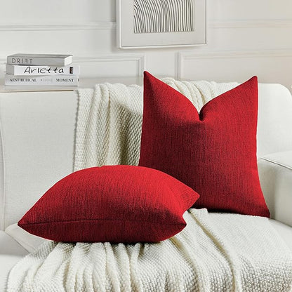 FUTEI Christmas Red Chenille Decorative Throw Pillow Covers 26x26 Inch Set of 2,Soft Cozy Faux Linen Textured Euro Pillow Shams,Farmhouse Home Decor for Couch Living Room