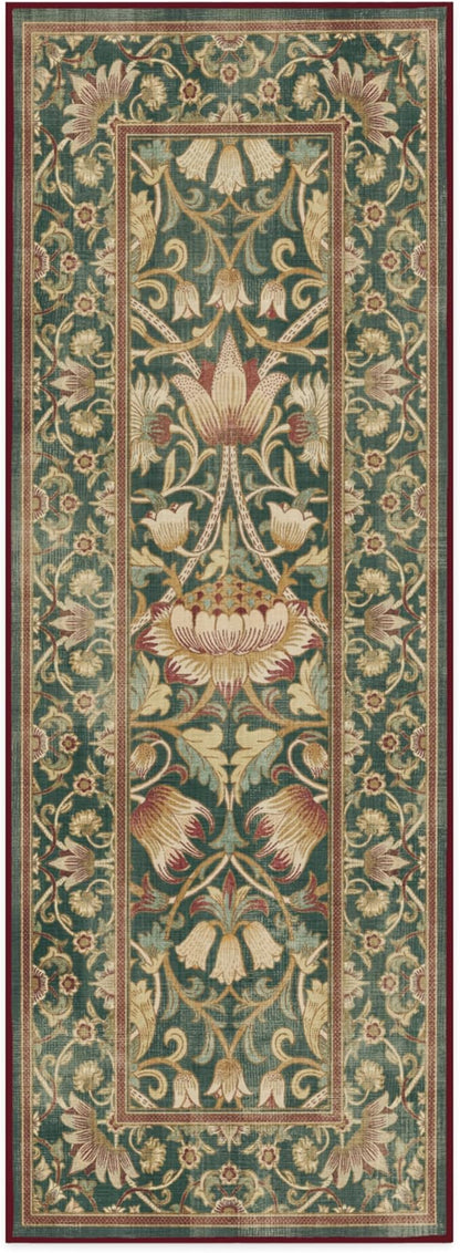 RUGGABLE x Morris & Co Machine Washable Christmas Runner Rug–Lodden Soft Evergreen & Gold 2.5x7, Stain-Resistant, Non-Slip–Washable Rug for Hallway, Entryway, Living Room & Kitchen–with Cushioned Pad