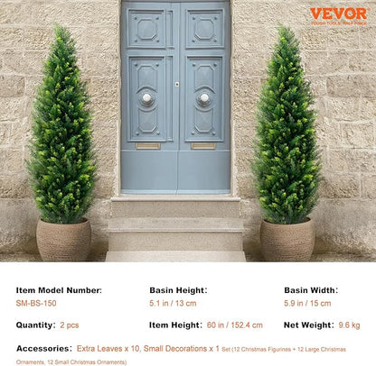 VEVOR Artificial Topiary Cedar Tree, 60 inch Tall (2 Pieces), with Extra Leaves & Pot Faux Evergreen Fake Pine Cypress Trees Plant, UV Rated Artificial Greenery Set for Home Decor Indoor/Outdoor