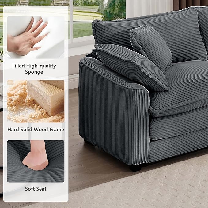 mikibama Luxury 3 Piece Sofa Set, 3-Seater & 2 Single Sofa Set, Modern Corduroy Comfy Cloud Couches Set for Living Room Office with 2 Armrest Pillows and 5 Toss Pillows, Grey