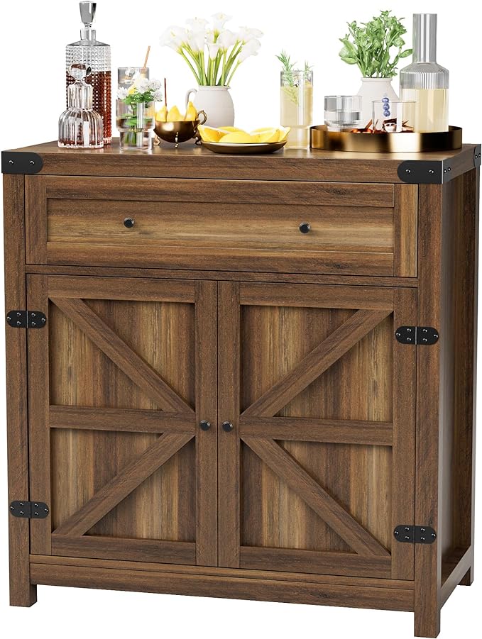 JUMMICO Coffee Bar Cabinet Farmhouse Kitchen Sideboard Buffet Cabinet with Drawer and Adjustable Shelf Barn Door Storage for Kitchen, Dining Room, Bathroom, Entryway (Brown)
