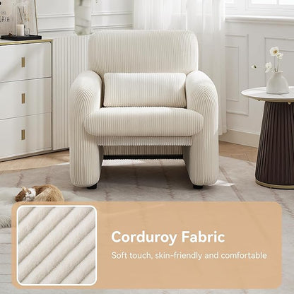 Corduroy Fabric Accent Chairs Set of 2, Modern Upholstered Living Room Chairs with Lumbar Pillow, Wide Comfy Leisure Armchair for Bedroom, Office, Reading, White