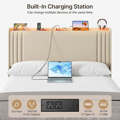 Gizoon Queen Bed Frame with Charging Station and LED Lights,Upholstered Wingback Platform Bed with Wooden Slats,Noise-Free,No Box Spring Needed