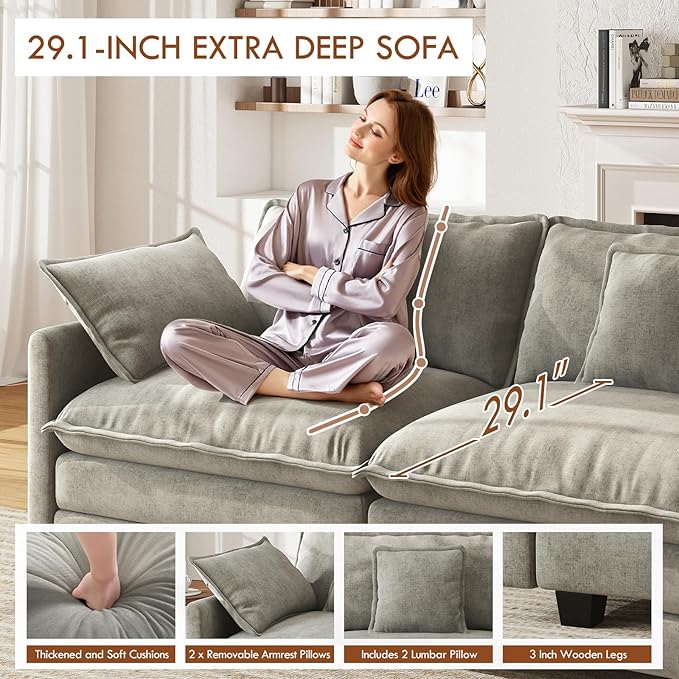 WorthFurni 77 Inch L Shape Cloud Sofa, Modular Sectional Couch with Ottoman, Comfy Chenille Deep Seat Loveseat with Pillow for Living Room Bedroom Apartment （Grey）