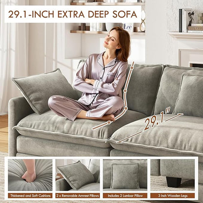 WorthFurni 77 Inch L Shape Cloud Sofa, Modular Sectional Couch with Ottoman, Comfy Chenille Deep Seat Loveseat with Pillow for Living Room Bedroom Apartment （Grey）