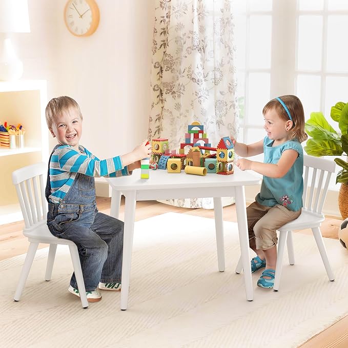 Curipeer Windsor Kids Table and 2 Chair Set, Rubberwood Toddler Table and Chair Set for Art, Play, Craft, Activity, with Non-Slip Legs Round Edge Design, White