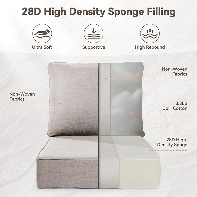 Luxury 6" Outdoor Cushions for Patio Furniture, 24x24x6" Thick Seat Cushion Set of 7, Fade Resistant Couch Chair Replacement Cushions High Density Deep Wicker Chair Cushion w/ Removable Cover, Beige