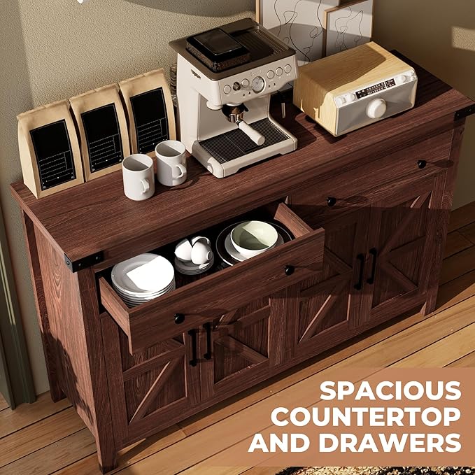 Buffet Cabinet with Storage Farmhouse with 4 Doors and 2 Drawers, 55'' Large Kitchen Storage Cabinet Cherry Wood Coffee Bar Buffet Sideboard for Kitchen, Dining Room, Living Room