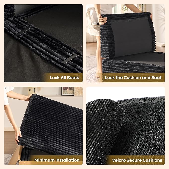 98" Modular Sectional Sofa with Swivel Chairs, Modern Cloud Couch Plush Corduroy 3 Seater Deep Seat Sofas Set & Accent Armchair Set of 2 for Living Room, Black