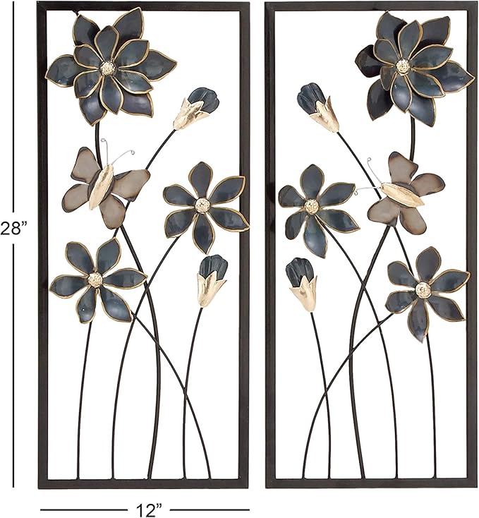 Deco 79 Metal Floral Home Wall Decor Wall Sculpture with Black Frames and Butterfly Accents, Set of 2 Wall Art 12"W, 28"H, Teal