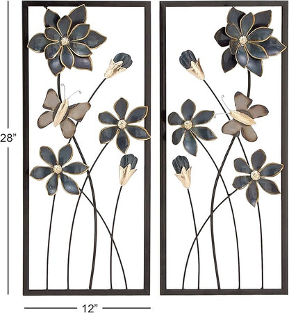 Deco 79 Metal Floral Home Wall Decor Wall Sculpture with Black Frames and Butterfly Accents, Set of 2 Wall Art 12"W, 28"H, Teal